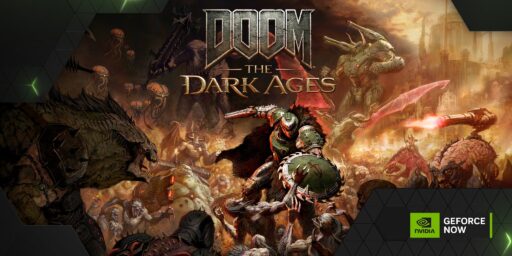 Armored warrior battles monsters in a dark, chaotic medieval scene with "DOOM The Dark Ages" title above, showcased during GFN Thursday.