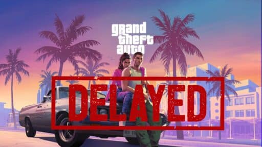 Two characters lean on a car as the "Grand Theft Auto" logo and a bold red "DELAYED" stamp overlay the image, hinting at uncertainty around the Grand Theft Auto VI release date.