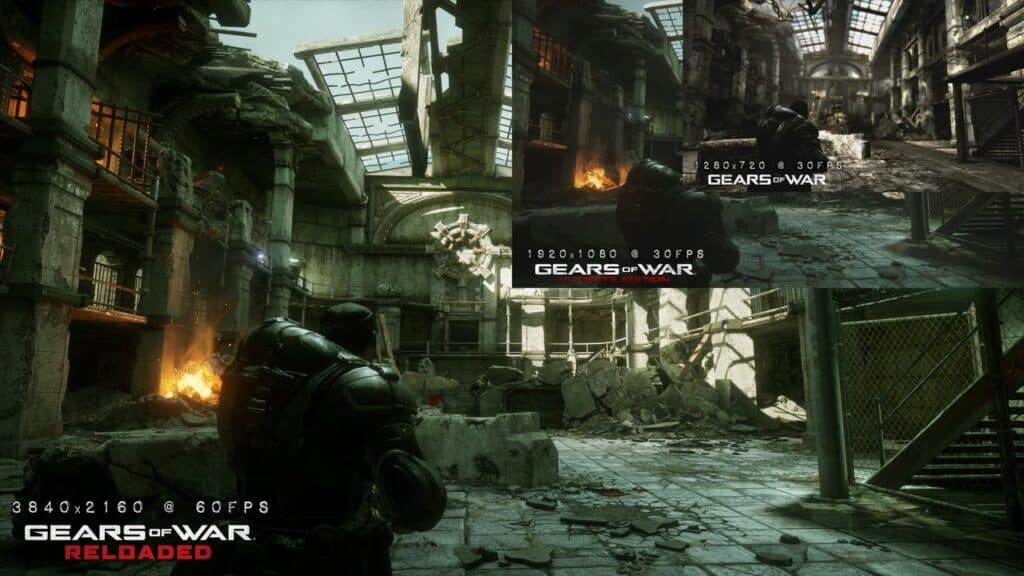 A soldier in futuristic armor stands in a ruined, sunlit building from the Gears of War: Reloaded video game series.
