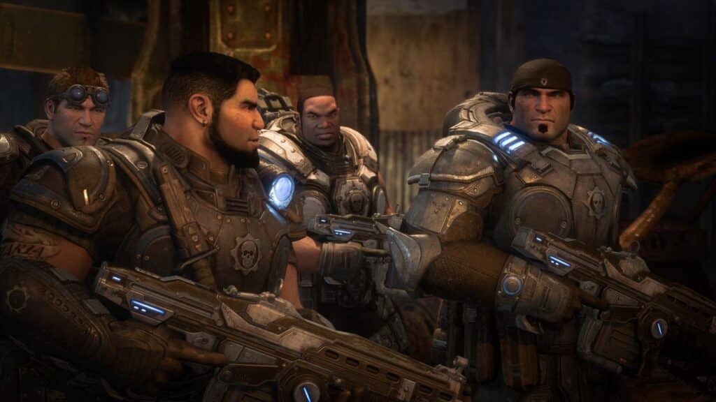Four armored soldiers, inspired by Gears of War: Reloaded, hold guns and stand alert in a dim, industrial setting, ready for action.