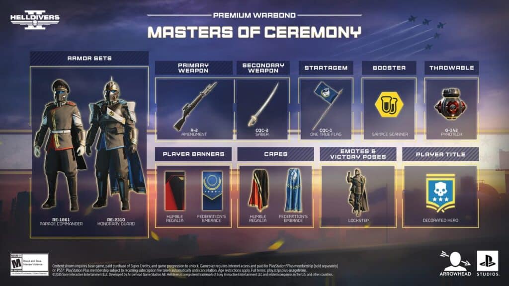 Promotional image showcasing Helldivers 2 Masters of Ceremony Warbond content, featuring exclusive armor sets, weapons, emotes, and cosmetics.