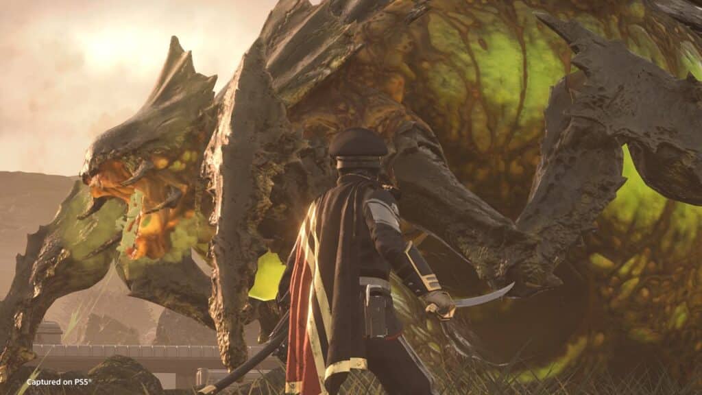 A sword-wielding character, inspired by Helldivers 2 Masters of Ceremony Warbond, faces a giant, green, monstrous creature at sunset.
