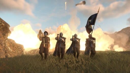 Four armored soldiers stand on grass with explosions behind them; one holds a flag, others salute, showcasing the pride and valor embodied in the Helldivers 2 Masters of Ceremony Warbond.