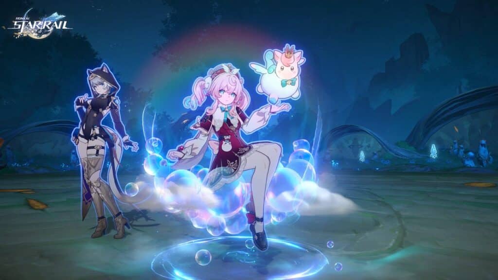 Two animated characters pose with magical effects in a mystical, glowing forest setting from Honkai: Star Rail Version 3.3.