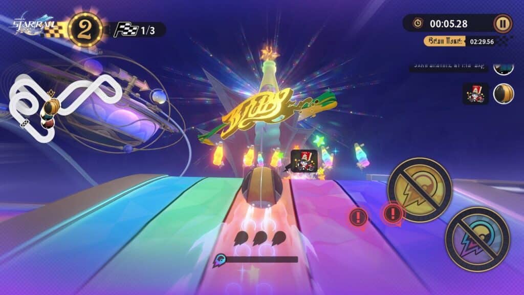Colorful racing game screenshot showing a car on a rainbow track with a glowing "NICE" sign ahead, inspired by the vibrant visuals of Honkai: Star Rail Version 3.3.