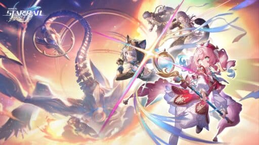 Anime-style characters battle a mechanical dragon in a vibrant, glowing sci-fi fantasy scene from Honkai: Star Rail Version 3.3.