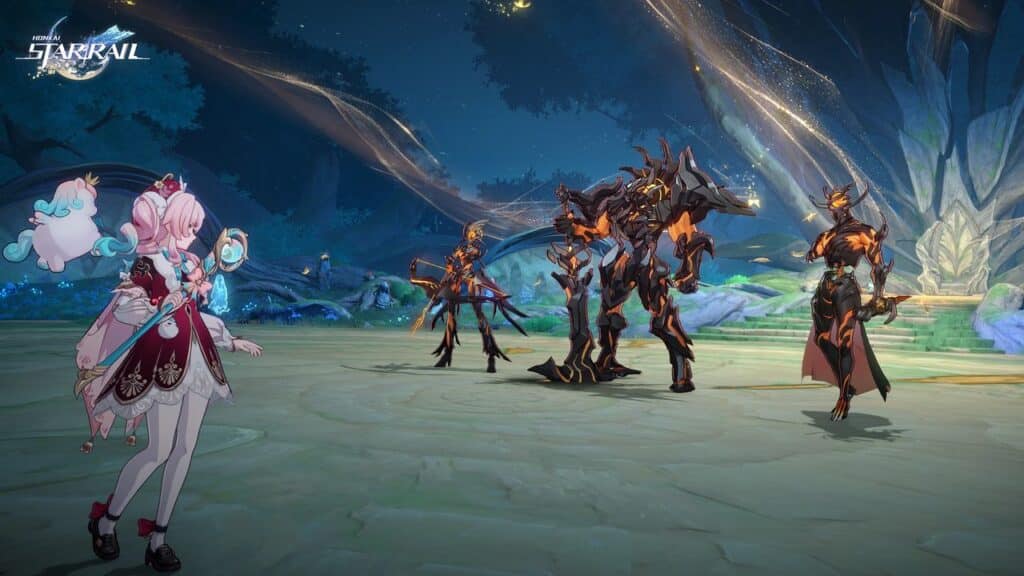 A pink-haired girl faces three armored enemies in a glowing fantasy forest, with the Honkai: Star Rail Version 3.3 logo featured in the corner.