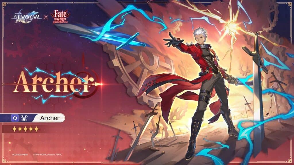 Archer, a white-haired character in red, stands with swords and blue energy swirling around him against a dramatic clockwork backdrop in this Honkai: Star Rail x Fate stay night crossover scene.