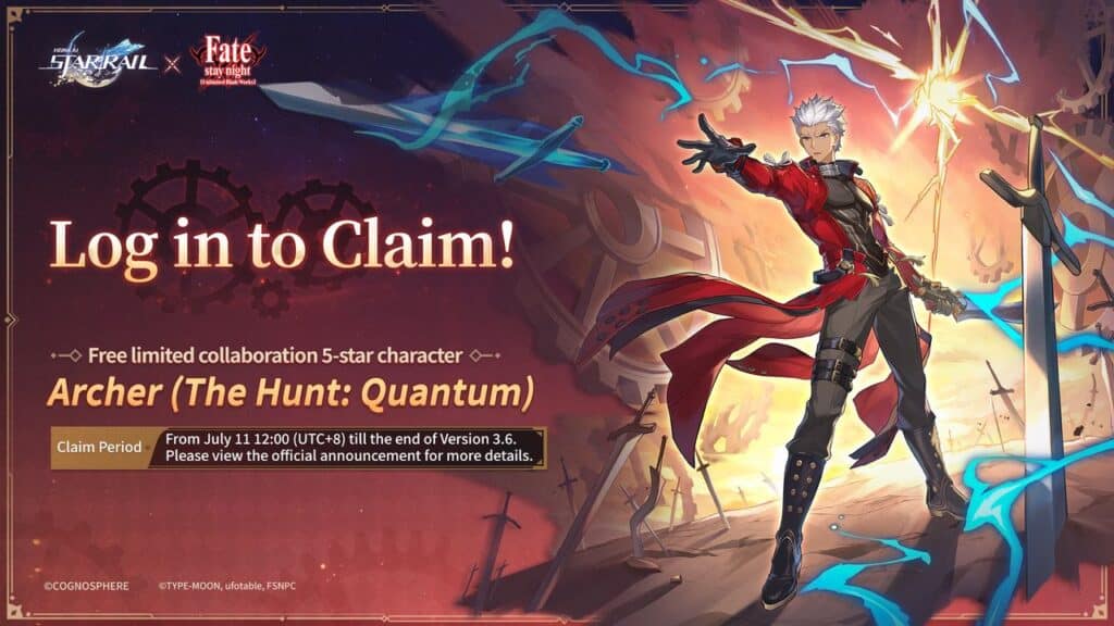 Promotional image for a game event featuring Archer from Fate in dynamic pose, highlighting the Honkai: Star Rail x Fate stay night crossover, with "Log in to Claim!" text.