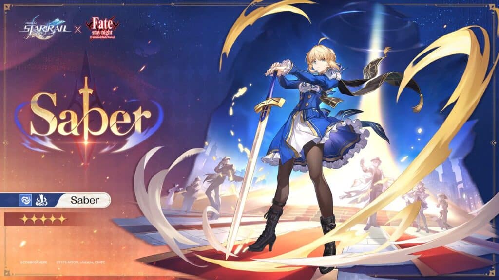 A blonde woman in blue armor wields a sword, surrounded by golden light and a starry night background, capturing the spirit of a Honkai: Star Rail x Fate stay night crossover.