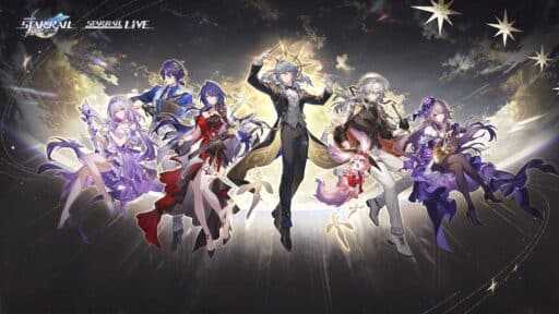 Seven anime-style characters in elegant outfits pose before a glowing, starry background, inspired by a Honkai: Star Rail x Fate stay night crossover.