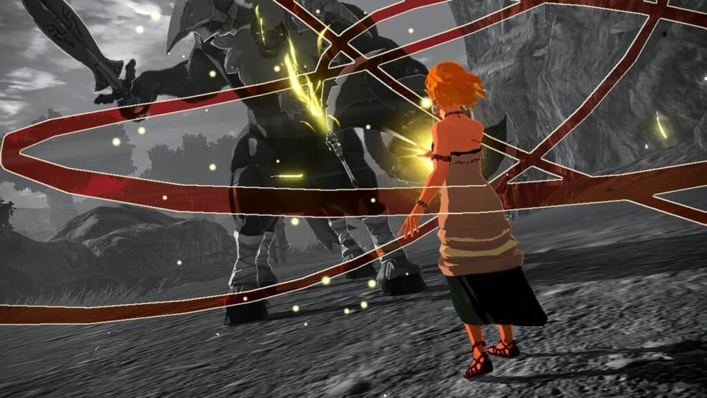 A girl confronts a massive armored beast, encircled by glowing red and yellow magic lines in this Hyrule Warriors: Age of Imprisonment scene for Nintendo Switch 2.