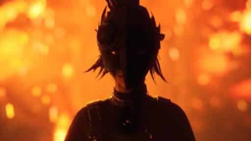 A person in a dark, feathered mask stands against a fiery orange, glowing background, evoking the mysterious vibe of Lost Records: Bloom & Rage Tape 2.