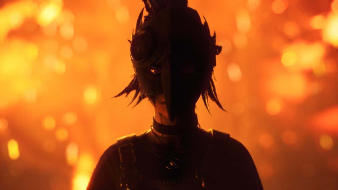 A person in a dark, feathered mask stands against a fiery orange, glowing background, evoking the mysterious vibe of Lost Records: Bloom & Rage Tape 2.