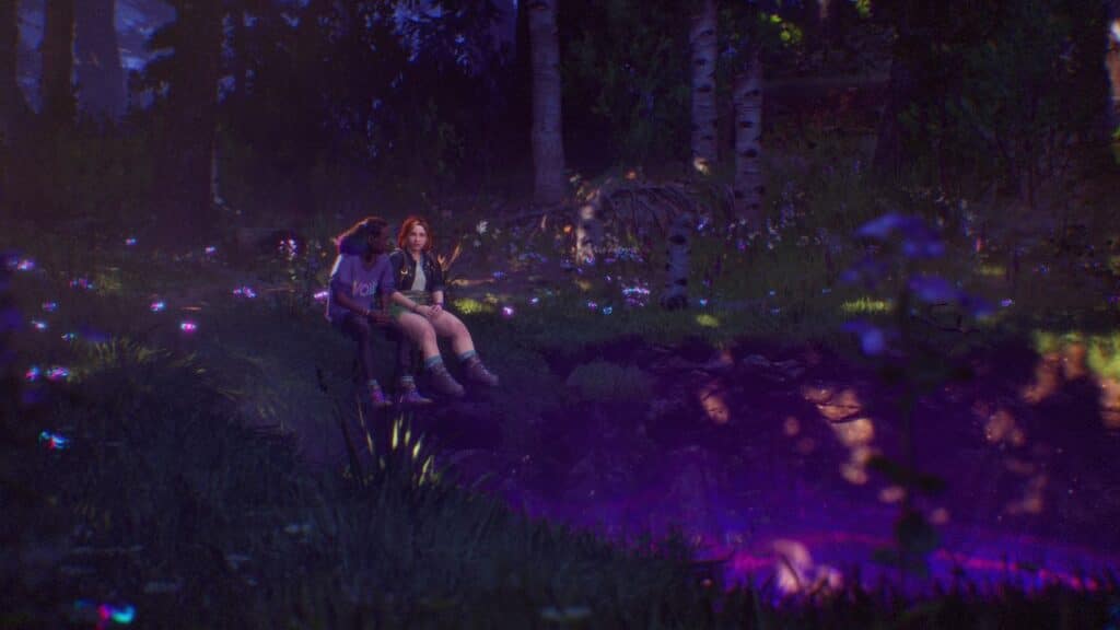 Two people sit together by a glowing purple pond in a forest at dusk, surrounded by flowers and trees—capturing the mysterious atmosphere of Lost Records: Bloom & Rage Tape 2.