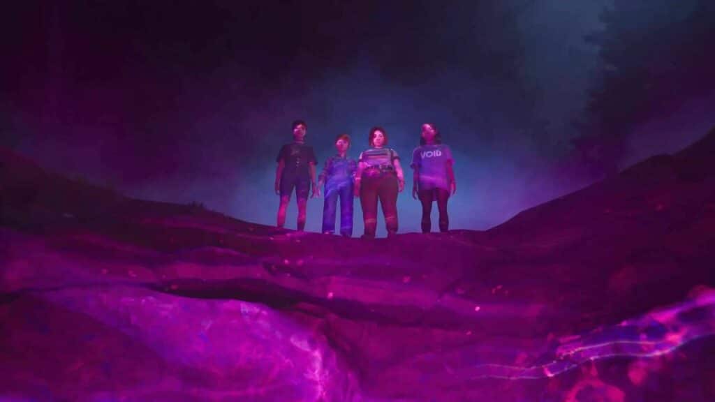 Four people stand on a rocky surface, illuminated by purple and blue light, with trees in the background—capturing the mysterious atmosphere of Lost Records: Bloom & Rage Tape 2.