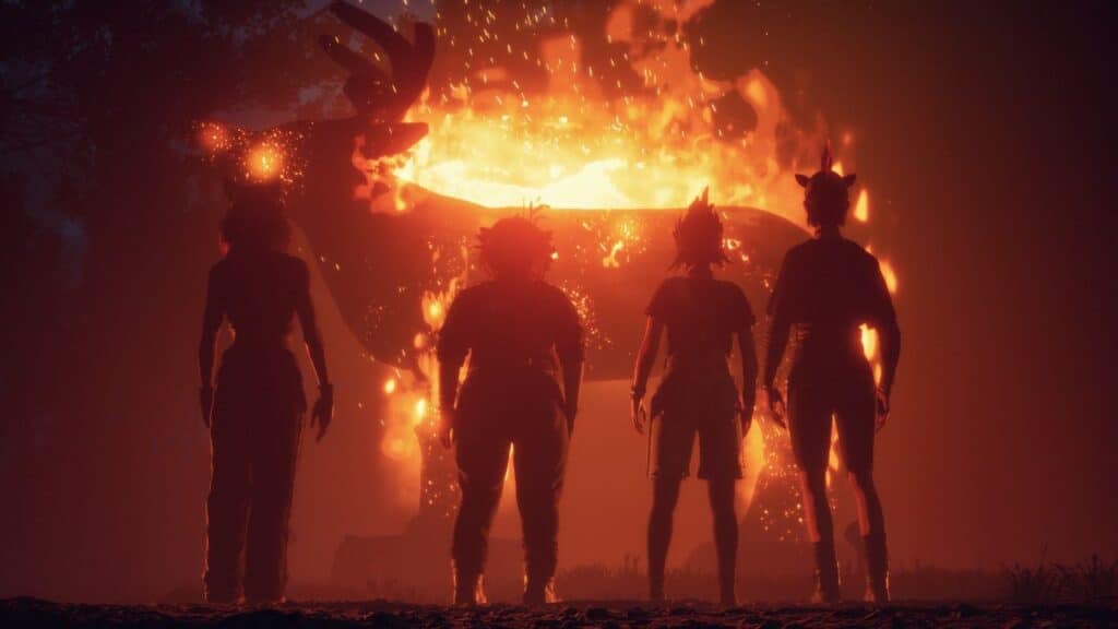 Four silhouetted figures stand before a large, burning animal-shaped structure at night, evoking the mysterious mood of Lost Records: Bloom & Rage Tape 2.