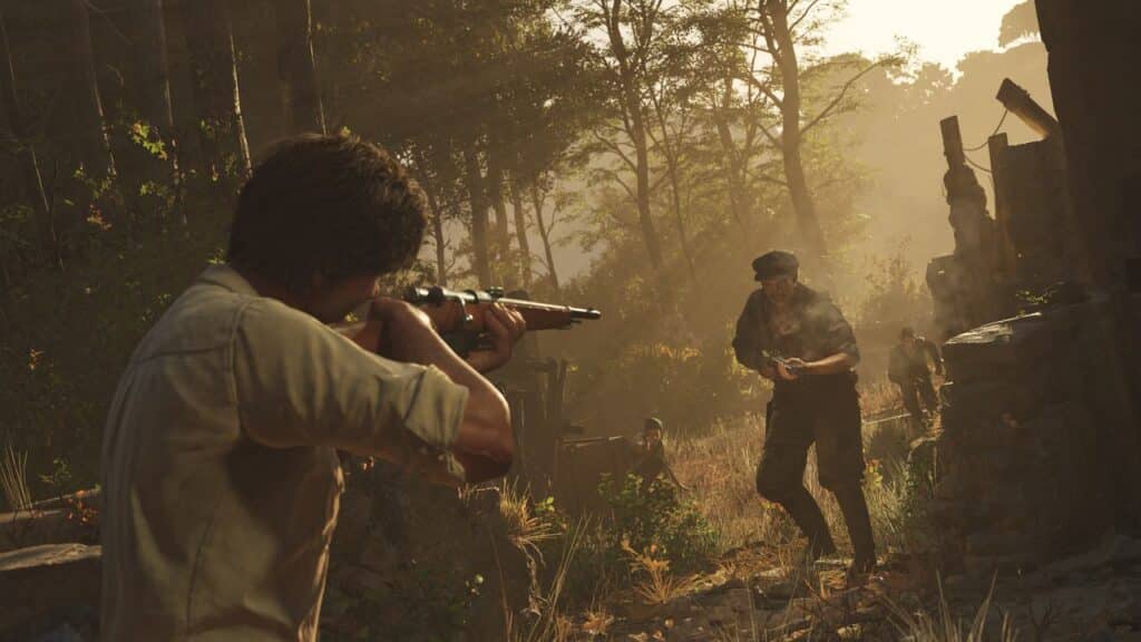A man aims a rifle at armed enemies in a sunlit, overgrown forest with ruins in the background, evoking the tense atmosphere of Mafia: The Old Country.