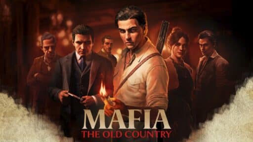 A group of serious-looking people in vintage clothing stands together, one holding a match, beneath the bold text "Mafia: The Old Country.
