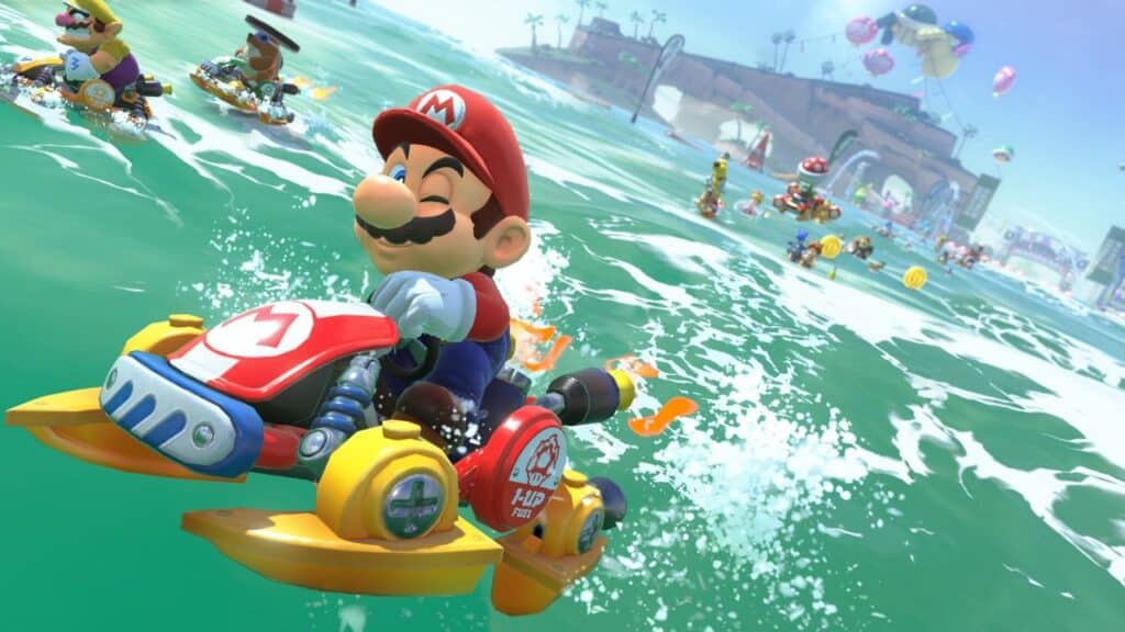 Mario rides a jet ski in Mario Kart World, showcasing fast-paced action and vibrant visuals—perfect for experiencing the power of Nintendo Switch 2 specs as other characters race on water in the background.