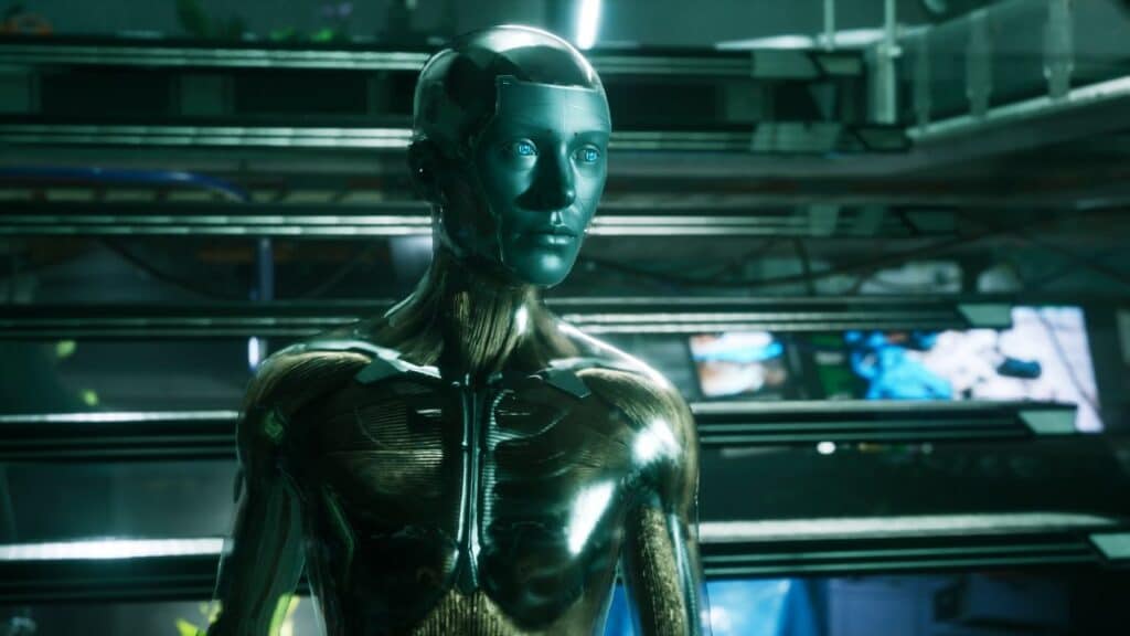 A shiny humanoid robot stands in a futuristic setting with screens and lights in the background, its eyes glowing with the intelligence of MindsEye technology.