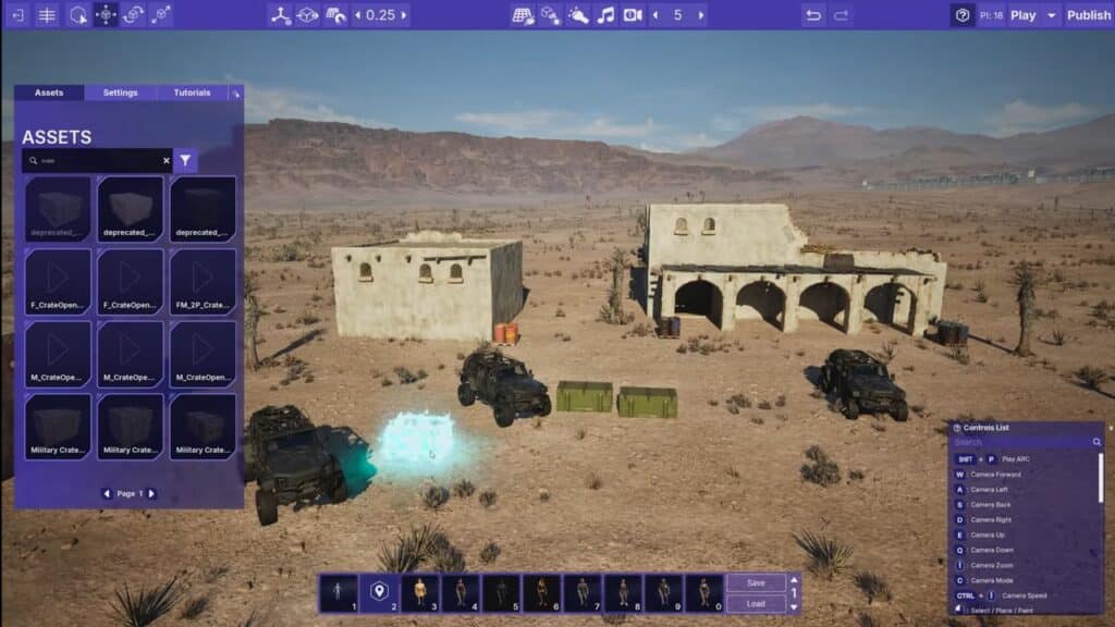 Game development interface powered by MindsEye, featuring desert buildings, military vehicles, and intuitive asset selection menus on screen.