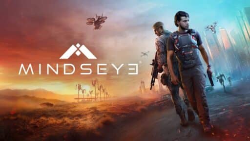 Two armed men stand back to back in a futuristic landscape filled with drones and a city skyline, the bold MindsEye logo glowing above.