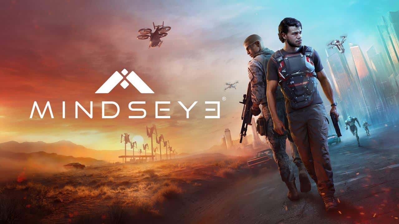 Two armed men stand back to back in a futuristic landscape filled with drones and a city skyline, the bold MindsEye logo glowing above.