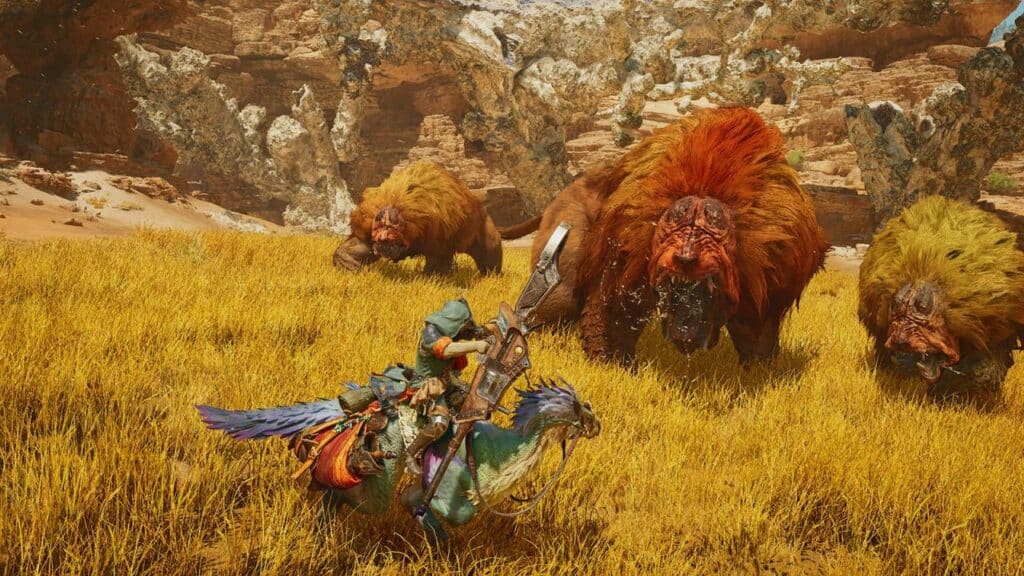 A warrior on a bird mount faces three large, lion-like beasts in a rocky, grassy landscape, reminiscent of the epic battles that have fueled Capcom’s reports of another record-breaking year.