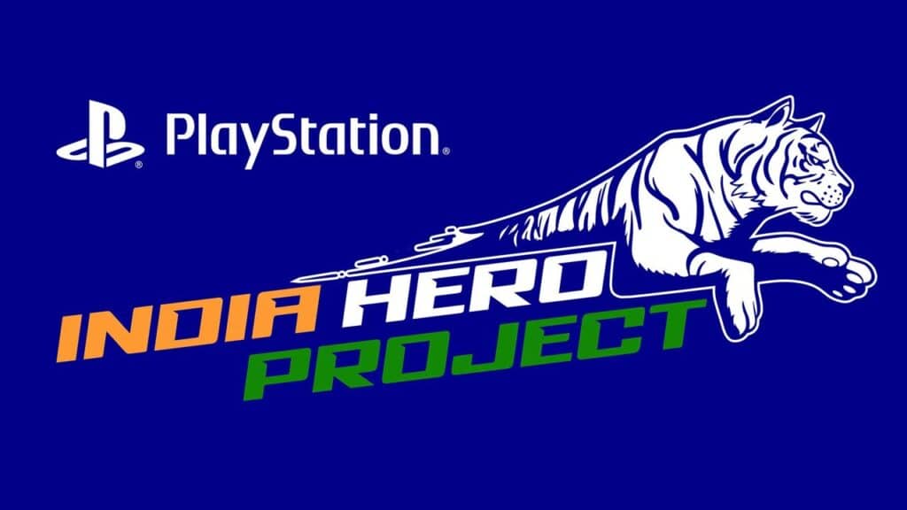 PlayStation India Hero Project logo featuring Mukti, a leaping white tiger, set against a striking blue background.