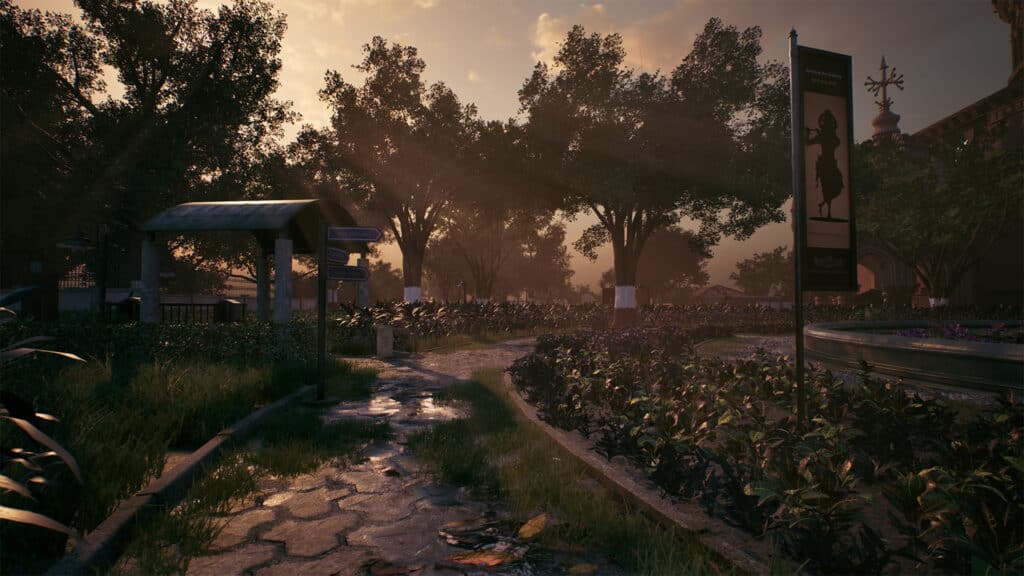 A sunlit park path with benches, lush greenery, trees, and a silhouetted Mukti banner near a fountain at sunset.