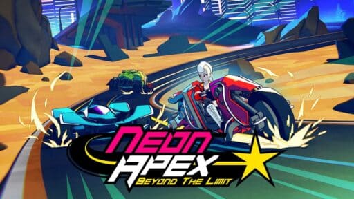 Futuristic racers speed on a neon-lit track, highlighting the thrill of Neon Apex: Beyond the Limit as its logo shines boldly in front.
