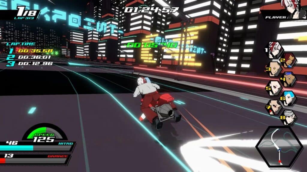 Neon Apex: Beyond the Limit is a futuristic motorcycle racing game set under vibrant neon city lights, featuring an on-screen speedometer and dynamic racer rankings.