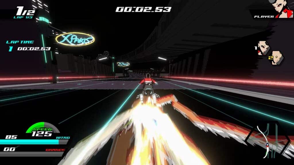 Experience the thrill of Neon Apex: Beyond the Limit—a futuristic racing game view with a motorcycle speeding on a neon track at night, HUD elements glowing as you push past the boundaries.