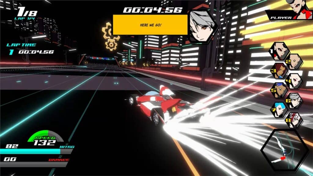 A stylized racing game screenshot from Neon Apex: Beyond the Limit shows a red and white car boosting on a neon-lit city track at night.