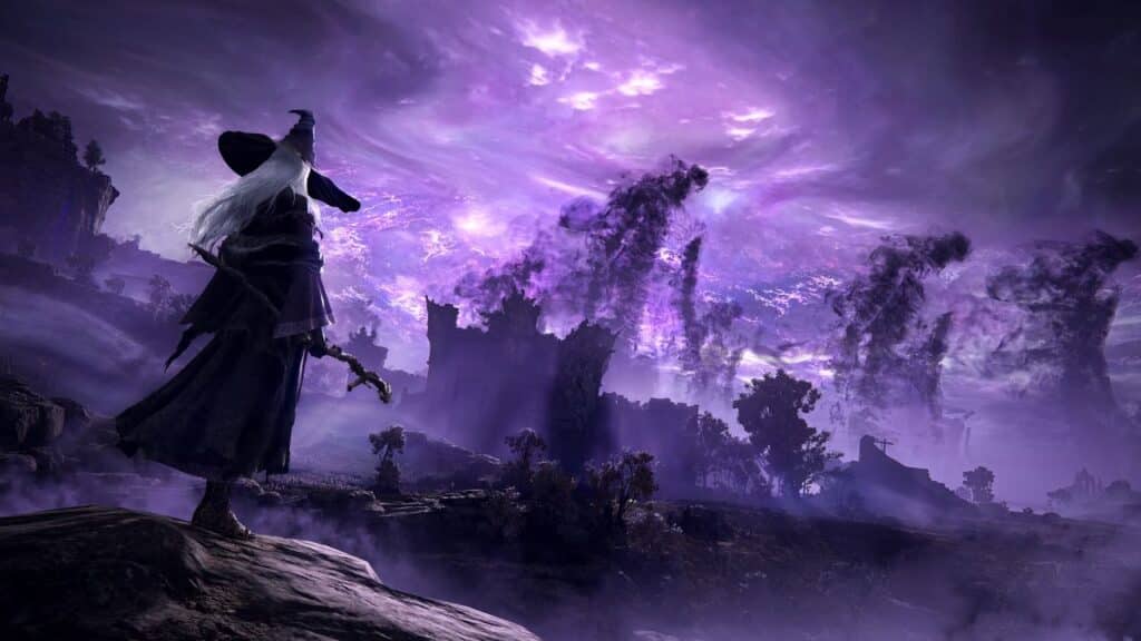 A figure in a hat stands on a cliff, gazing at swirling purple clouds over a dark, mystical landscape reminiscent of the Elden Ring Nightreign overview trailer.
