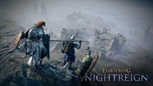 Three armored warriors overlook ancient ruins in a misty landscape. Text reads: "Elden Ring Nightreign overview trailer.