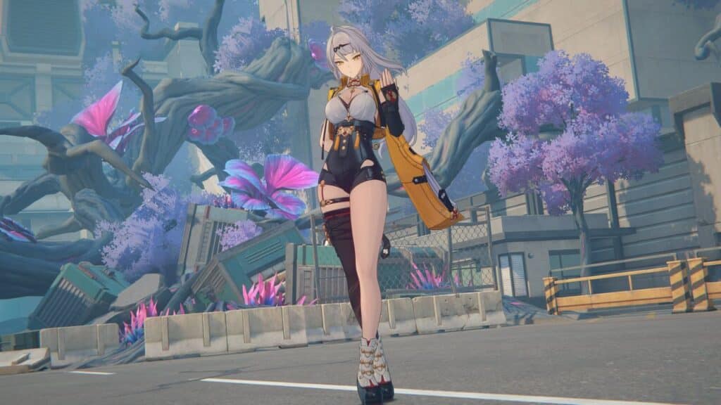 Yixuan, also known as the Grandmaster, stands on a city street with large purple trees behind her, inspired by the vibrant world of Zenless Zone Zero Season 2.