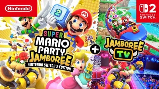 Mario, Bowser, Peach, and other characters on a colorful "Super Mario Party Jamboree" Nintendo Switch cover.