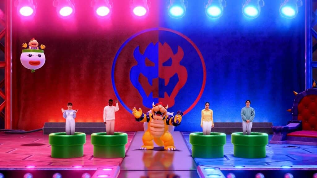 Video game scene from Super Mario Party Jamboree on Nintendo Switch 2, featuring Bowser at center, four people in green pipes, and dramatic red and blue lighting.