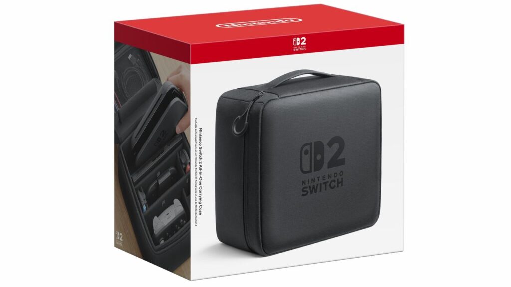 Nintendo Switch 2 carrying case packaging, featuring a black zippered case with the Nintendo Switch logo—perfect for protecting your device and ideal for those seeking Nintendo Switch 2 accessories.