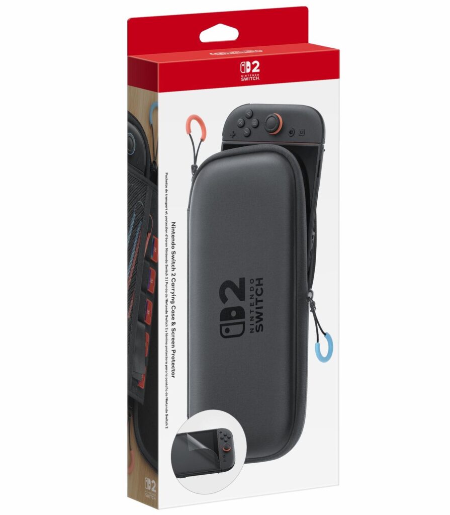 Nintendo Switch 2 carrying case in black, shown in its red retail packaging with product window and logo—an ideal addition to your Nintendo Switch 2 accessories collection.
