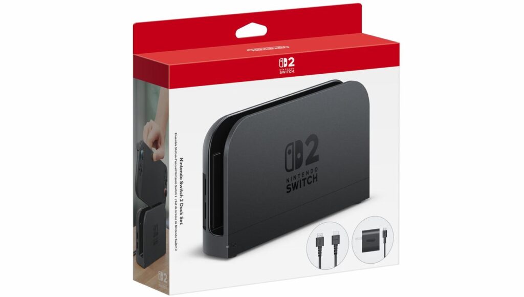 Nintendo Switch 2 Dock Set in a red and white box, featuring the dock, HDMI cable, and power adapter—an ideal addition to your Nintendo Switch 2 accessories collection.