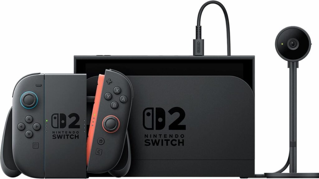 Nintendo Switch 2 console with attached controllers, featuring a round external camera accessory on the right side and showcasing the latest Nintendo Switch 2 specs.