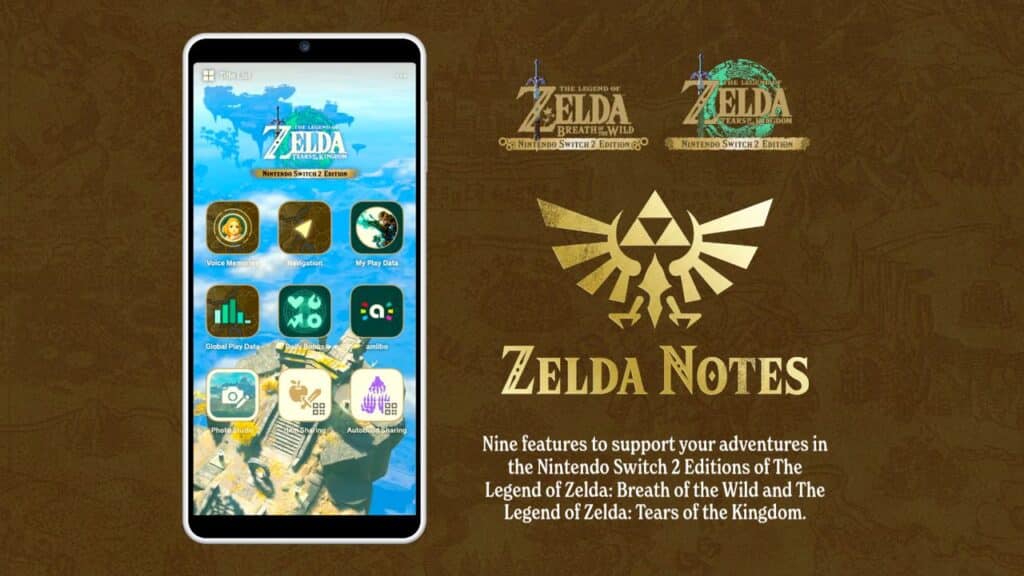 A smartphone displays Zelda Notes app features with logos for Zelda: Breath of the Wild and Tears of the Kingdom, showcasing the latest Nintendo Switch app update.