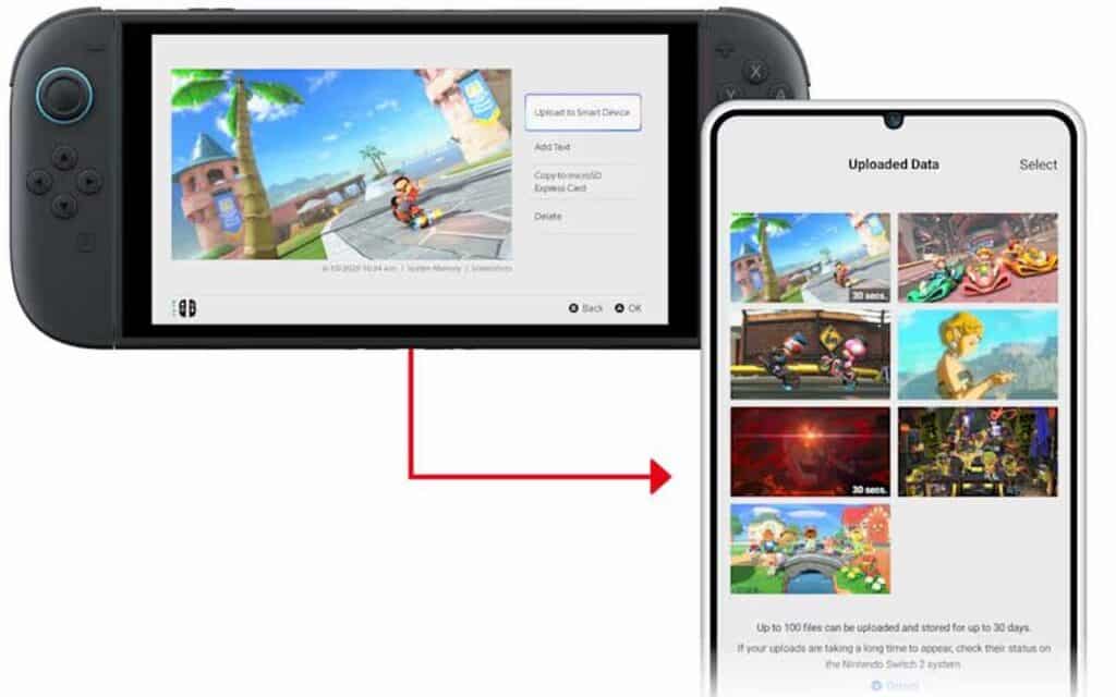 A Nintendo Switch app update allows users to share gameplay screenshots to a smartphone, illustrated by a red arrow connecting the two devices.