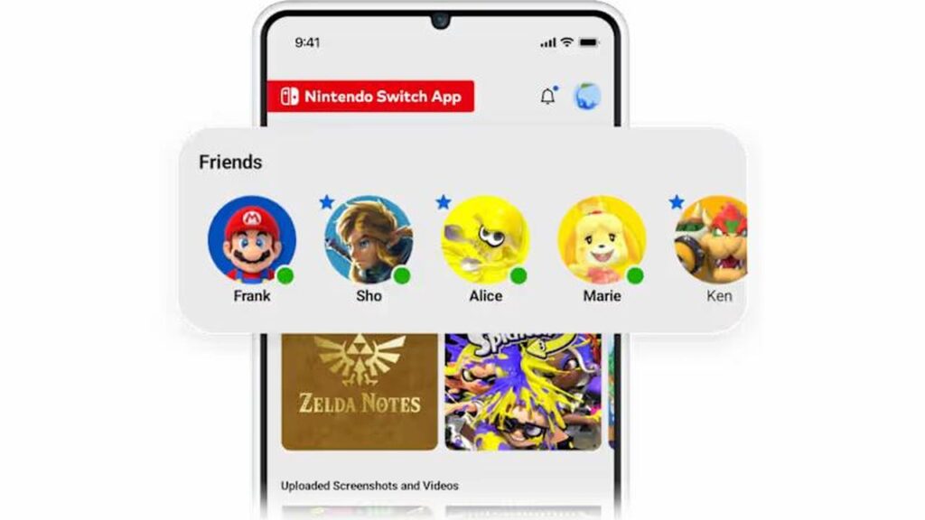 A phone displays the Nintendo Switch app, featuring five friends' avatars and names lined up in a row.