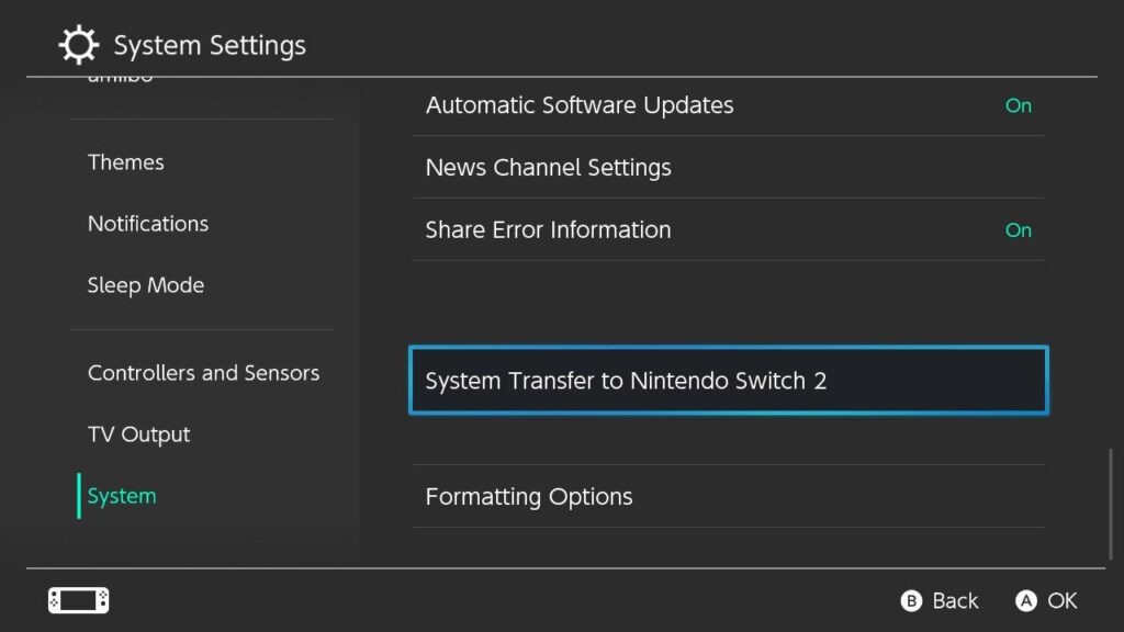 Nintendo Switch System Settings menu, highlighting the "Nintendo Switch to Nintendo Switch 2 data transfer" option for seamless migration.