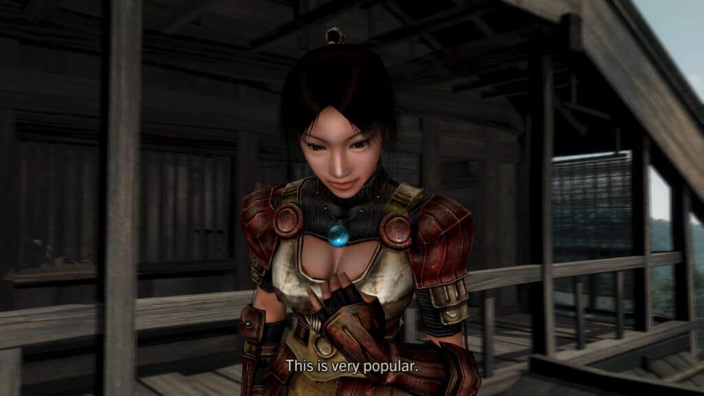 A woman in armor stands on a wooden balcony, looking down, evoking the spirit of Onimusha 2: Samurai’s Destiny Remaster. The subtitle reads, "This is very popular.