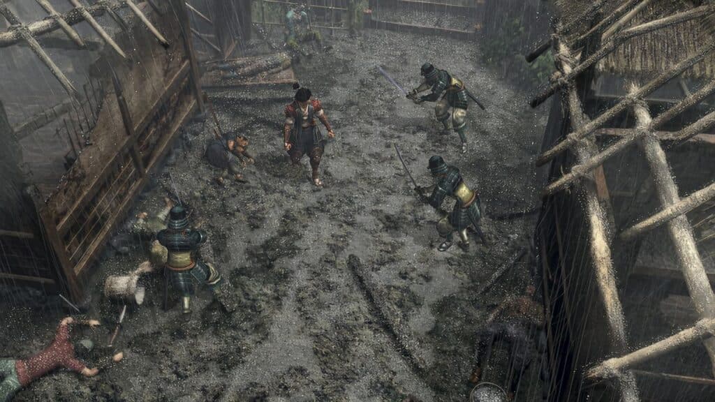 A warrior faces armed opponents in a muddy, ruined village during a rainstorm in Onimusha 2: Samurai’s Destiny Remaster.